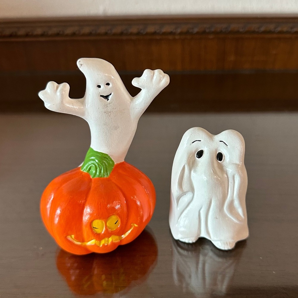 Vintage Halloween Ceramic Ghost Figurines‎ Pumpkin Jack-O-Lantern Decor Set of 2